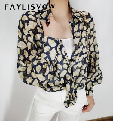 Autumn Blouse Women England Style Cozy Fashion Elegant Leaf Printing Loose Silk Loose Moda Shirt Tops