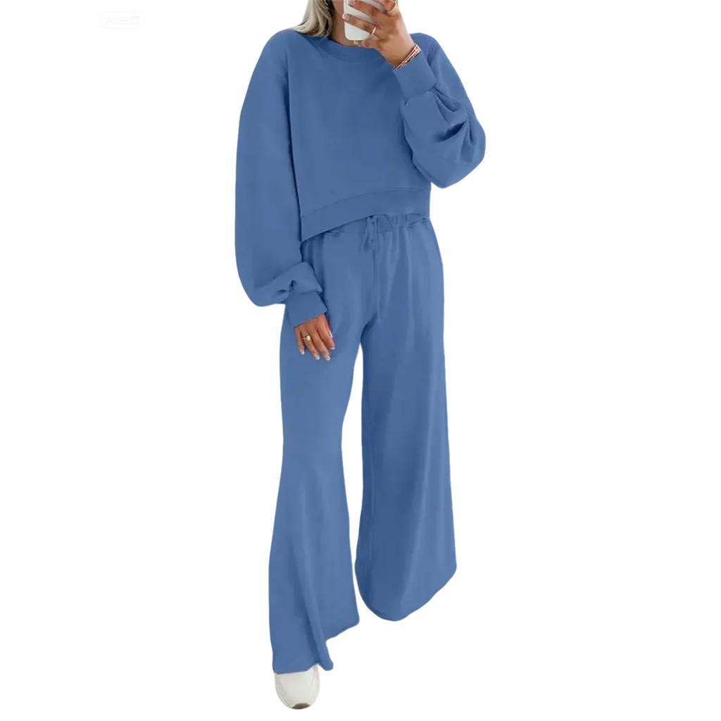 Women's Fashion Round Neck Solid Color Long Sleeve Top Elastic Waist Straight Pants Casual Set