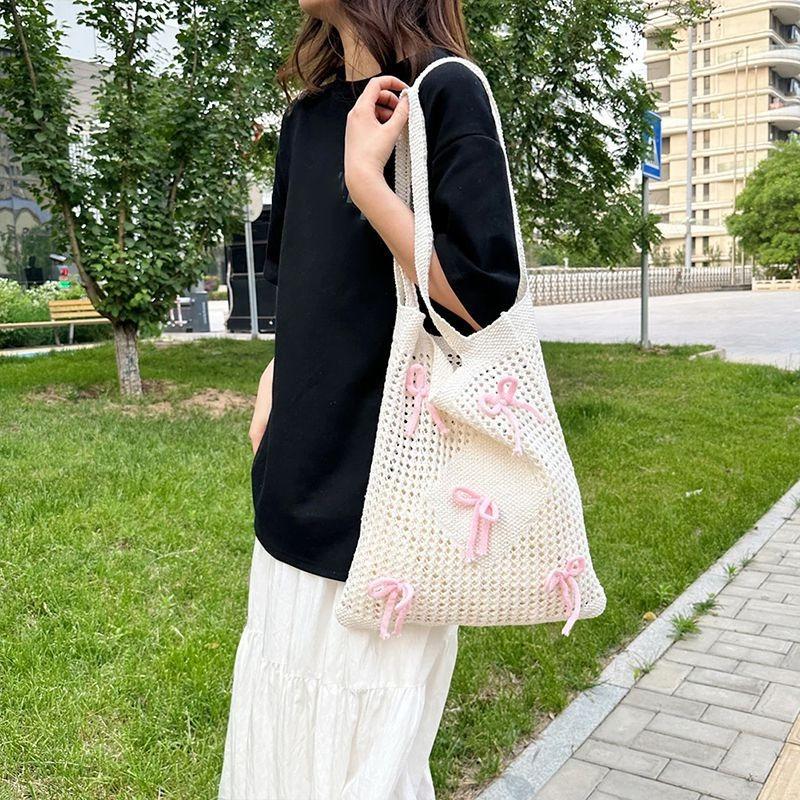 Ladies Beach Bags Vintage Hollow Bow Design Woven Shoulder Handbag Knitting Large Capacity Handbags Summer Travel Shopper Tote