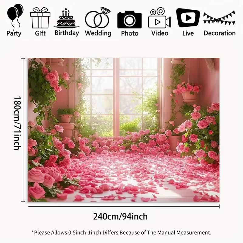 2D Pink Rose Room Backdrop, Floral Window Photography Background for Valentine's Day