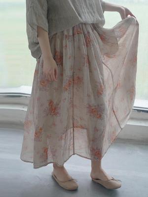 Women Vintage Print Floral Ramie Skirts Elastic Waist Summer Loose Soft High Quality Women Skirts