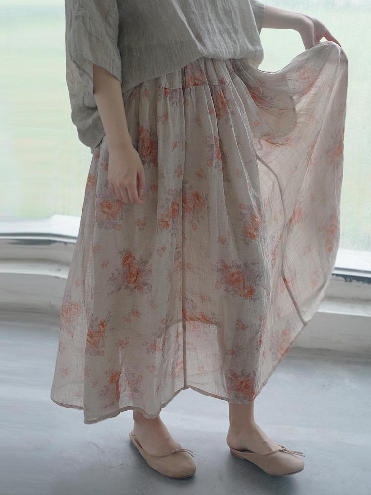 Johnature Dámské vintage potisk květinové ramie sukně elastický pas letní volné měkké vysoce kvalitní dámské sukně