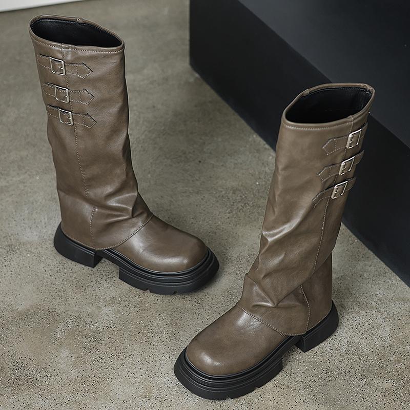 New Women's Boots High Quality Fashionable Round Toe Solid Color Buckle Mid-heeled Sleeve Women's High Boots