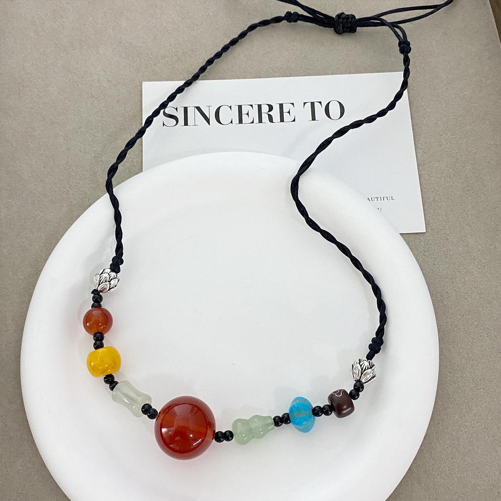 Retro Ethnic Ceramic Wood Necklace: Geometric Fruit Pendant for Women
