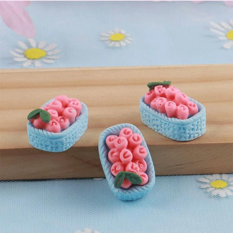 8PCS Kawaii Shiny Fruit Basket Miniature Flat Back Resin Cabochons for Hairpin Scrapbooking DIY Home Decor Craft Accessories