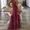 European and American New Bohemian Suspender Long Dress High Waist V-neck Printed Floral Summer Dress Women's Clothing