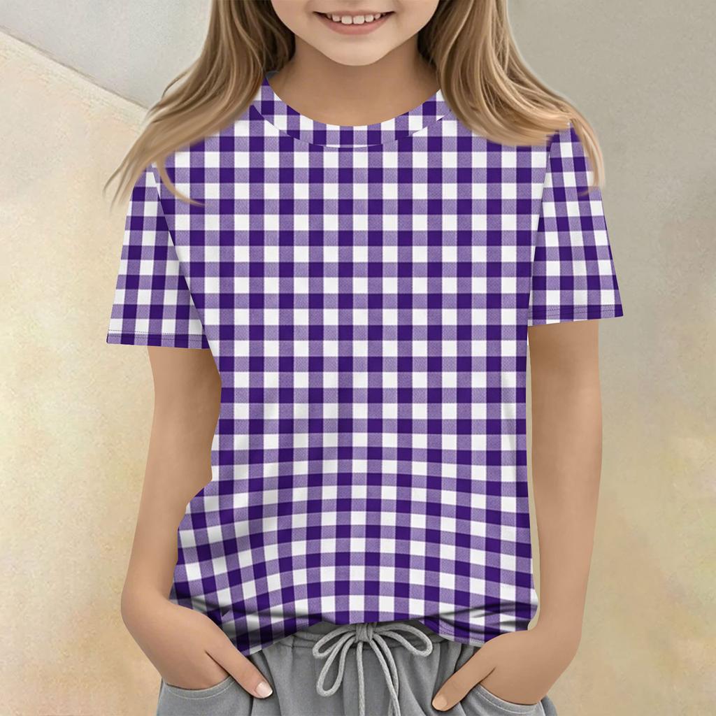 Kids Plaid Print Crew Neck Short Sleeve Casual T Shirt Soft Fabric Lightweight Breathable Fit for Everyday Wear