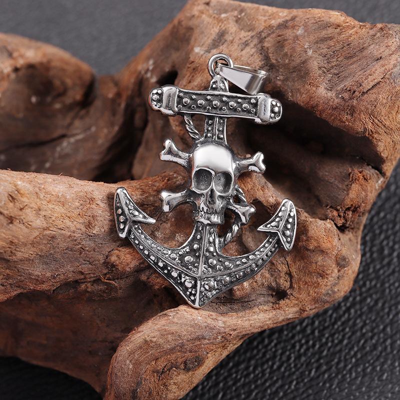 Punk Style Trendy Boat Anchor Necklace with Retro Skull Pattern Stainless Steel Pendant Necklace for Men