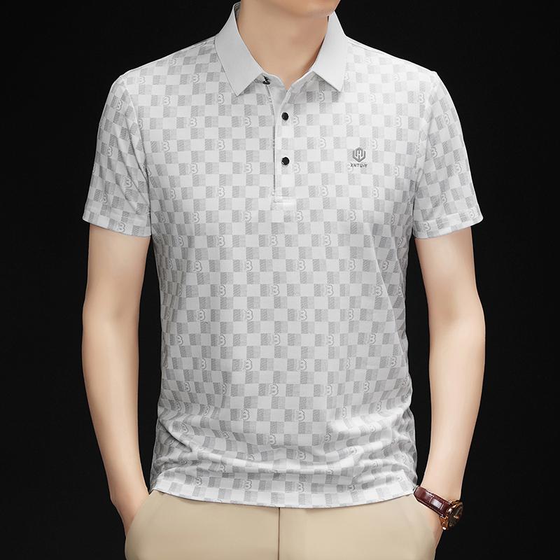 Summer Men's Plaid Printed Polo Shirt High-End Brand Business Leisure Seamless Short Sleeved Cool Lapel T-shirt Men's Clothing