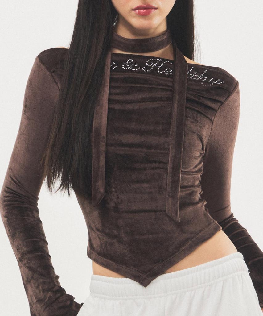 RAWMANTICS Shine Velvet Drape Cubic Scarf Top Brown