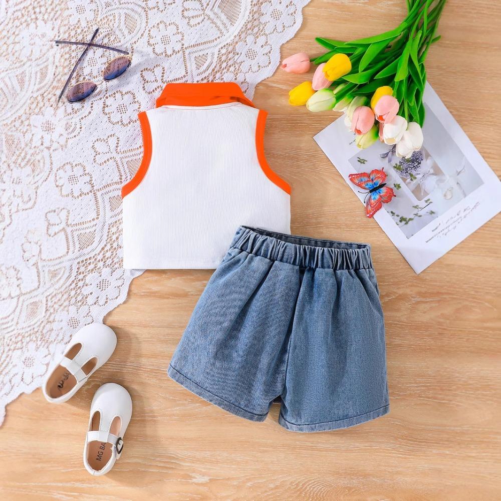 Dětské letní oblečení s krátkým rukávem Nové kojenecké dívčí tílko + kovbojský overal s krátkým rukávem Oblek pro dívky Módní oblek