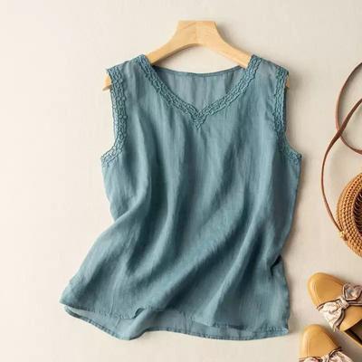 Cotton Tanks & Camis Casual Outer Wear Vest Women's Summer New Fashion Retro Embroidered Cotton Linen Loose Sleeveless Top White