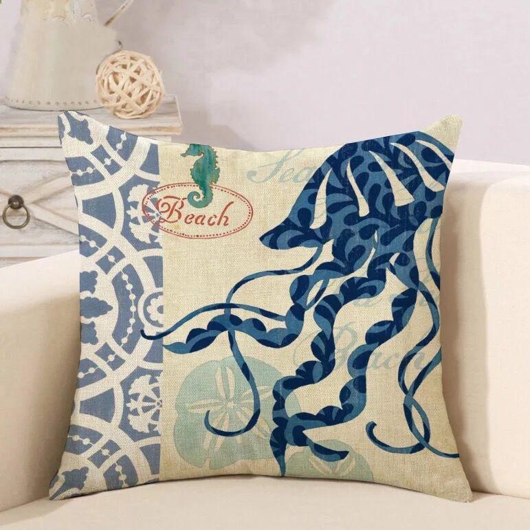 Marine Creatures Sea Horse Turtle Whale Octopus Linen Cushion Cover Pillow Cover