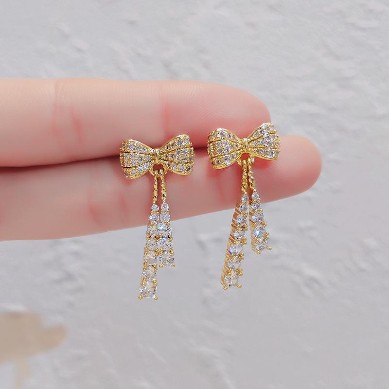 Asymmetrical Rhinestone Bow Stud Earrings for Women