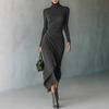 Damen Rollkragen Langarm Raffung Asymmetrisch Midi Kleid Schlanke Passform Elegant Wickel Bodycon Kleid