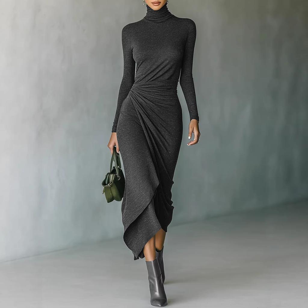 Damen Rollkragen Langarm Raffung Asymmetrisch Midi Kleid Schlanke Passform Elegant Wickel Bodycon Kleid