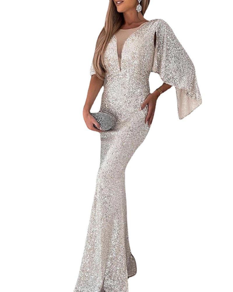Elegant Silver Fishtail Sequined Evening Dress for Women