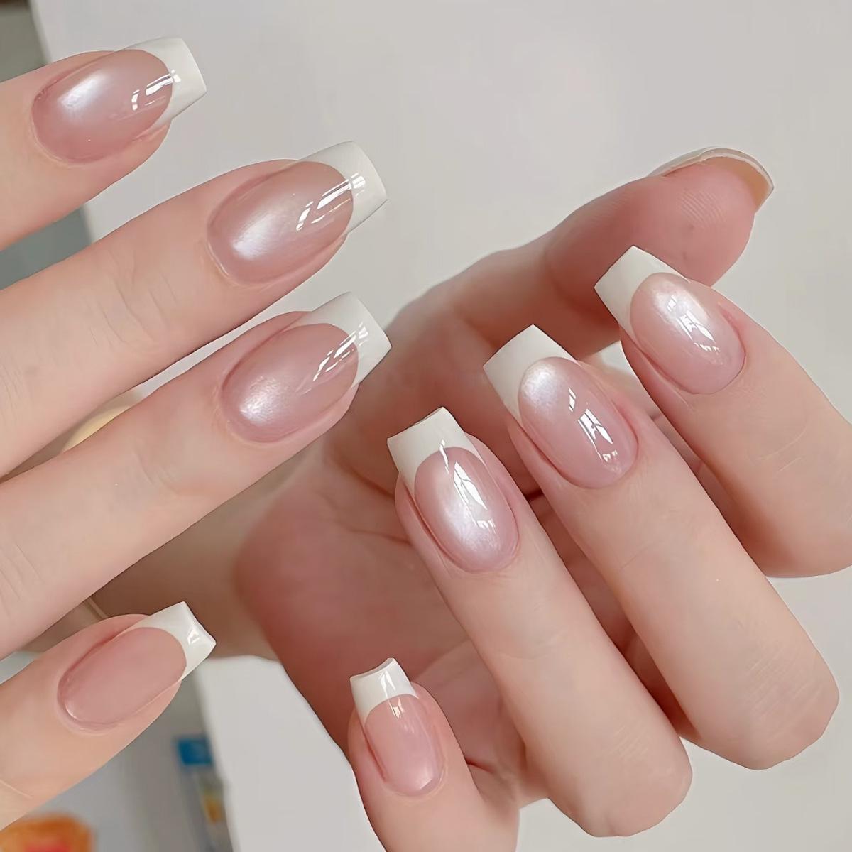 Cat Eye French Edge White Glass Beads Detachable False Nail Tips