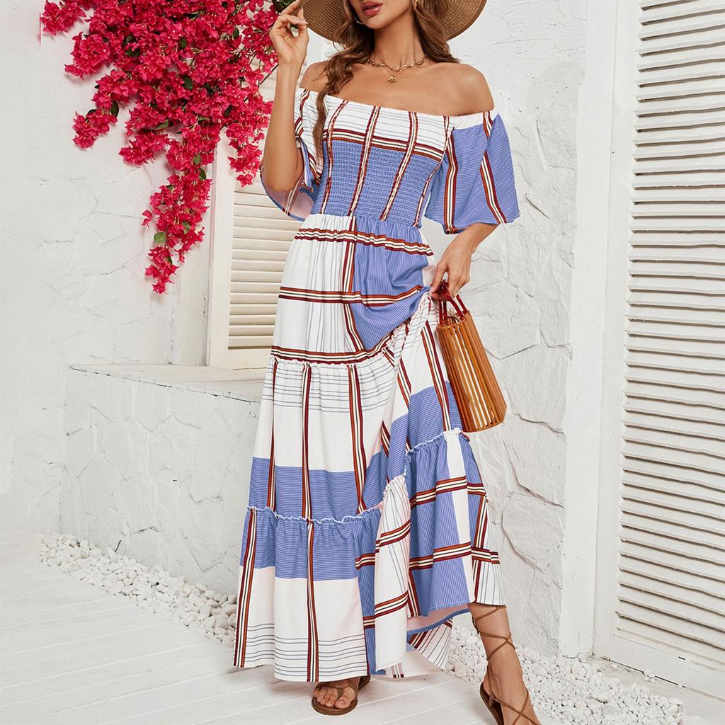 Women's Casual Fashion Solid Colour One Neck Short Sleeve Waist Slim Long Big Swing Dress