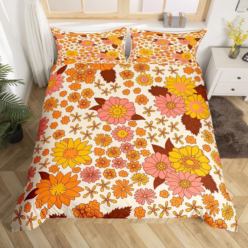 Bettdecke Retro Blumen Aquarell Gelb Floral Grüne Blätter Pflanze Bettdecke Und 2 K Bunter Stil Bettwäsche-Set