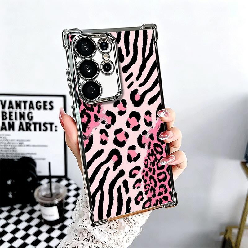 Pink Leopard Print Soft Phone Case For Samsung Galaxy S26 Ultra S25 Edge S24 FE S23 Plus S22 S21 + S20 Plating Anti-Fall Fundas