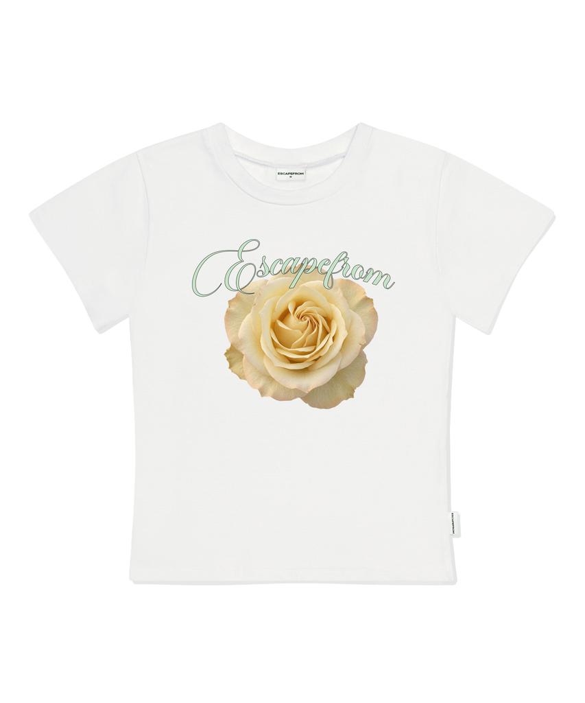 ESCAPEFROM Lemon Real Rose Print Slim Fit Short Sleeve T-Shirt Ivory