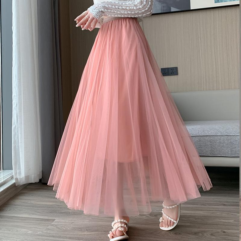 Mesh Skirt for Spring and Summer New Women's High Waist Mid-length Elastic Waist A-line Skirt Princess Long Skirt