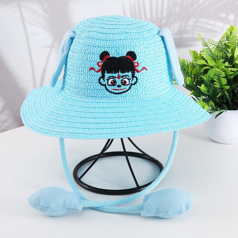 Ears move rabbit hat scenic cartoon cute children s straw hat summer sun protection Nezha sun hat airbag hat 54 head circumference синий