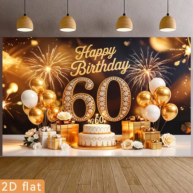 2D Black Gold 60th Birthday Backdrop Firework Balloon Photo Background 47.2x31.5inch/120*80cm