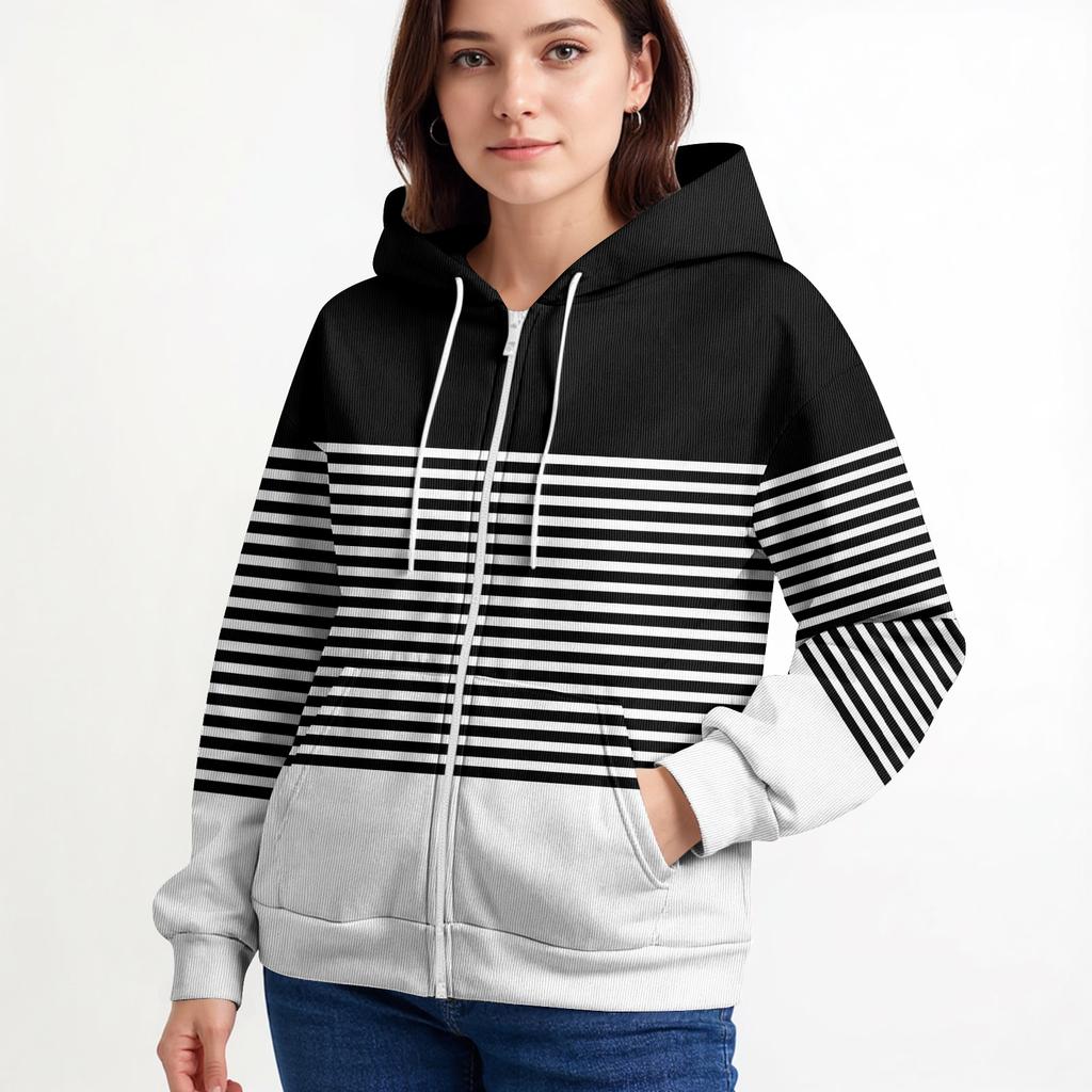 Kvinners avslappet mote langermet strikket hettegenser med glidelås og juleprint