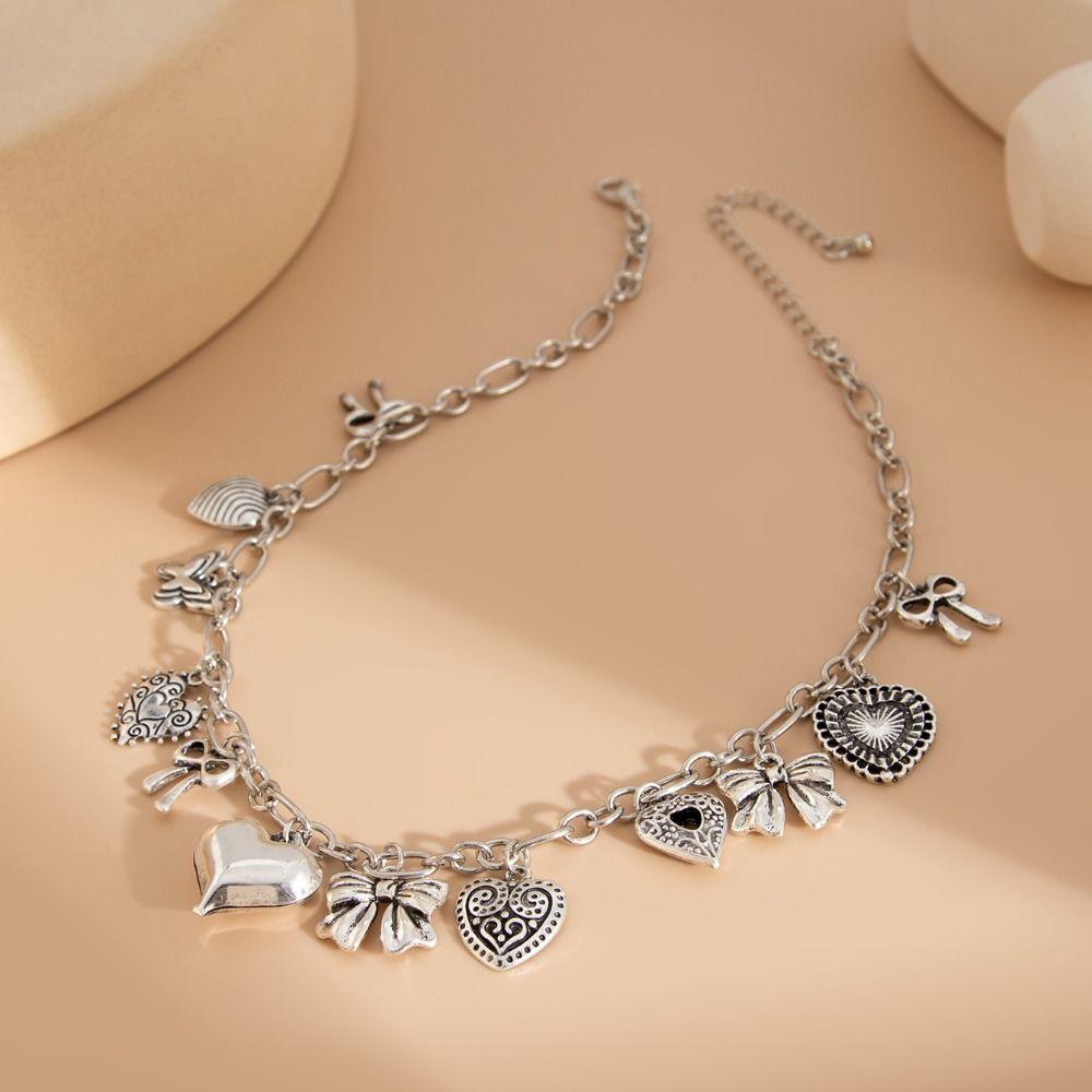 Punk Metal Necklace Bowknot Sweet Choker Fashion Heart Pendant Necklace  Women