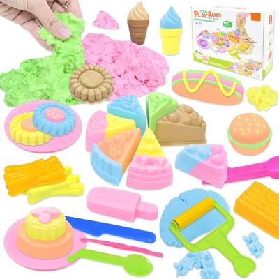 VBACALA Seidiger Sand 35-teiliges Sandkasten-Set für drinnen, Bunter Sand und Knete, Enthält Eiscreme-, Hamburger-, Pizza- und Kuchenformen, Spachtel und