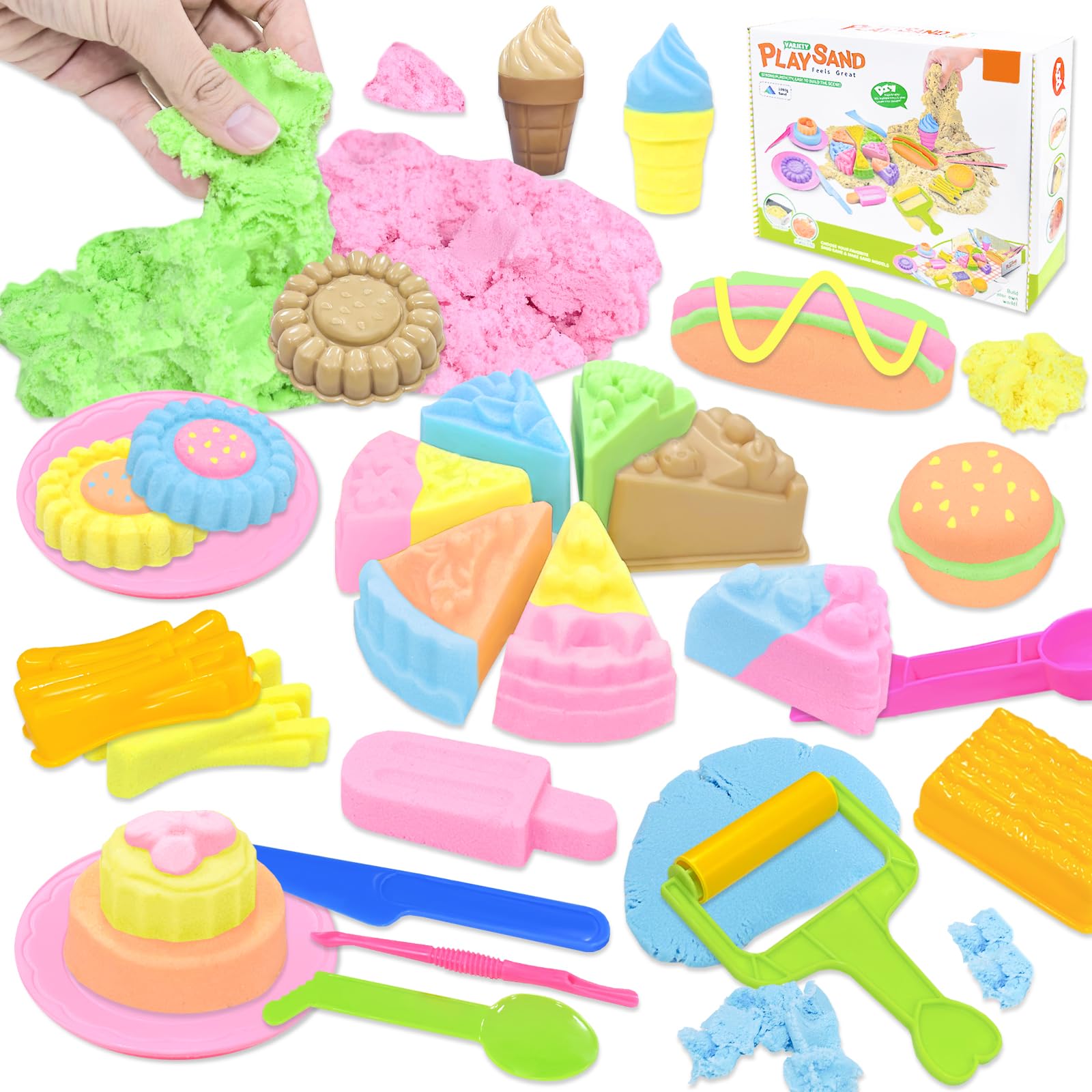 

VBACALA Silky Sand 35-Piece Sand Play Set - Colorful Sand for Indoor Play, Includes Molds (Ice Cream, Hamburger, Pizza, Cake), Spatula, and Plate - Me