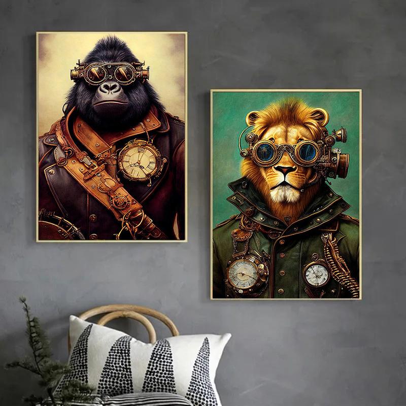 Retro Funny Animal Steampunk Cat Astronaut Rabbit Canvas Painting Posters Prints Wall Art Pictures for Living Room Home Decor