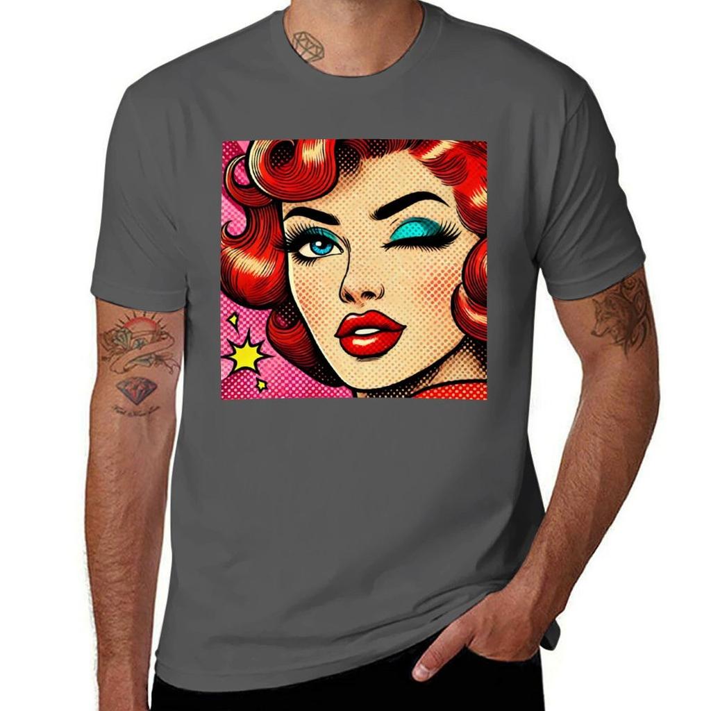 Retro Glam Pop Art Winking Redhead Pin Up Tshirt Basic Simple Design Short Sleeve Shirt