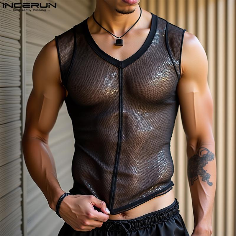 

INCERUN Men Sleeveless Mesh See Through Glitter Back Patchwork Party Club Cropped Tank Tops S чёрный