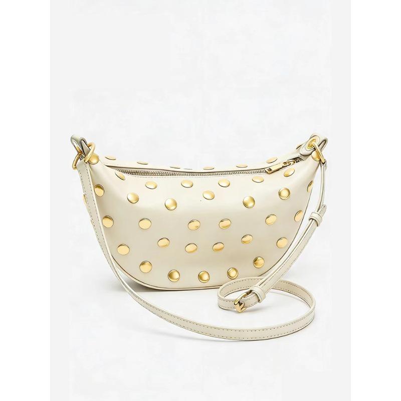 Vintage Gold Studs Decor Crescent Hobo Bag Pu Leather Multi-Way Shoulder Crossbody Handbag Retro Brown Zipper Underarm Bag for
