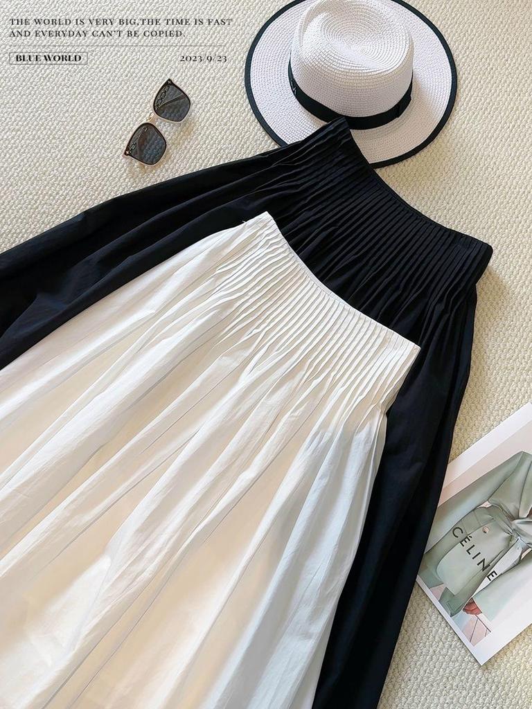 White A-line Pleated High-Waisted Umbrella Skirt - Women's 2025 Summer Mid-Length Flare Design