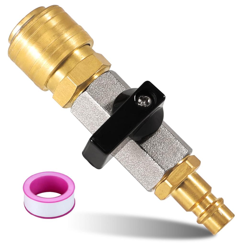 14 Air Compressor Air Hose Connector with Brass 1 Quarter Inch Ball Valve and Quick Release Coupling Including 5 Meter PTFE Tape
