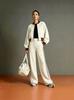 Women's 2026 Autumn Color Block Suit: Short Zip-Up Baseball Collar Jacket & High-Waisted Wide-Leg Pants with Side Stripes