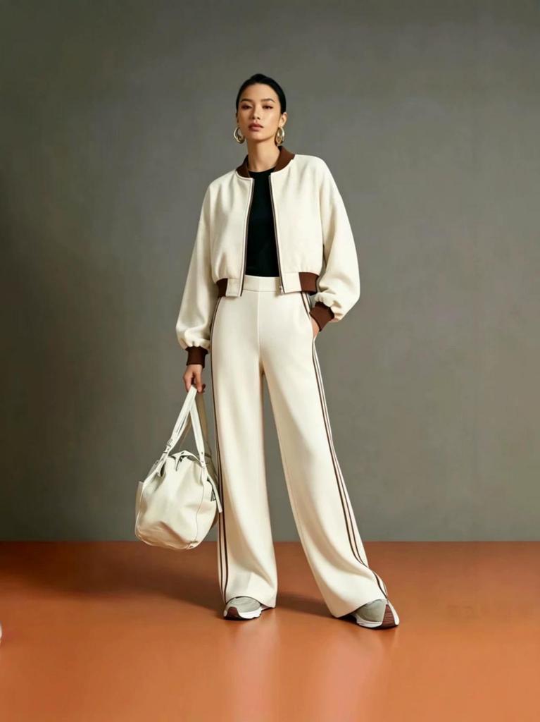 Women's 2026 Autumn Color Block Suit: Short Zip-Up Baseball Collar Jacket & High-Waisted Wide-Leg Pants with Side Stripes