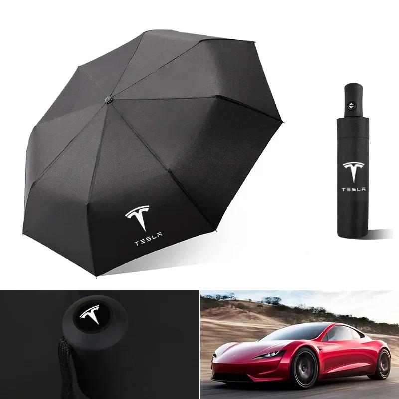 Autoaufkleber Tesla Auto Faltbarer Regenschirm Tragbarer Automatischer Sonnenschutz Für Tesla Emblem Model S Model X Model 3 Roadster Cybertuck A