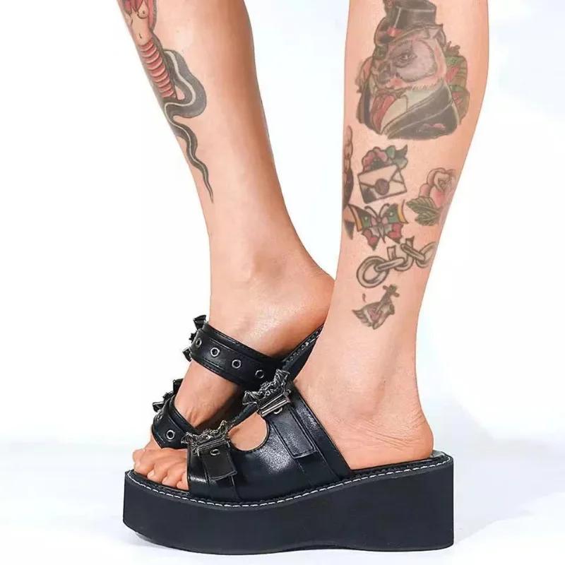 Fashion Gothic punk women's sandals optical wide heel astronomical bat slippers belt decoration 2024 new summer