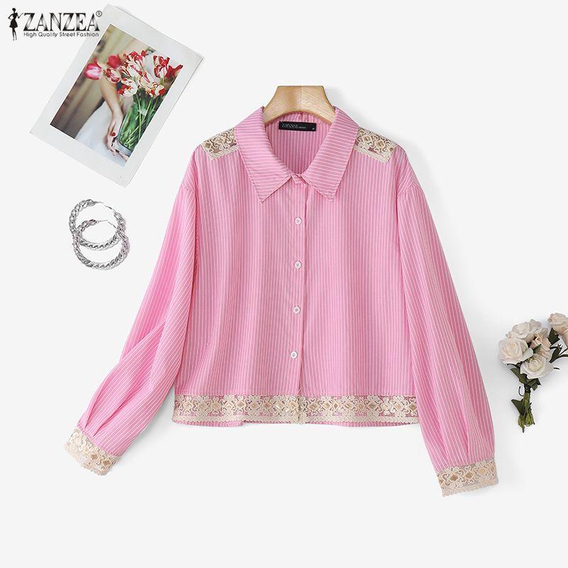 ZANZEA Women Turn Down Collar Long Sleeve Casual Stripe Blouse