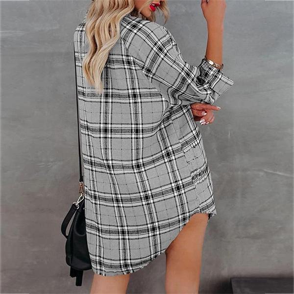 Kadın Büyük Beden V Yaka Midi Elbise Uzun Kollu Günlük Moda Gömlek Elbise Yaka Kare Kare Üst Yeni Tişört Elbise