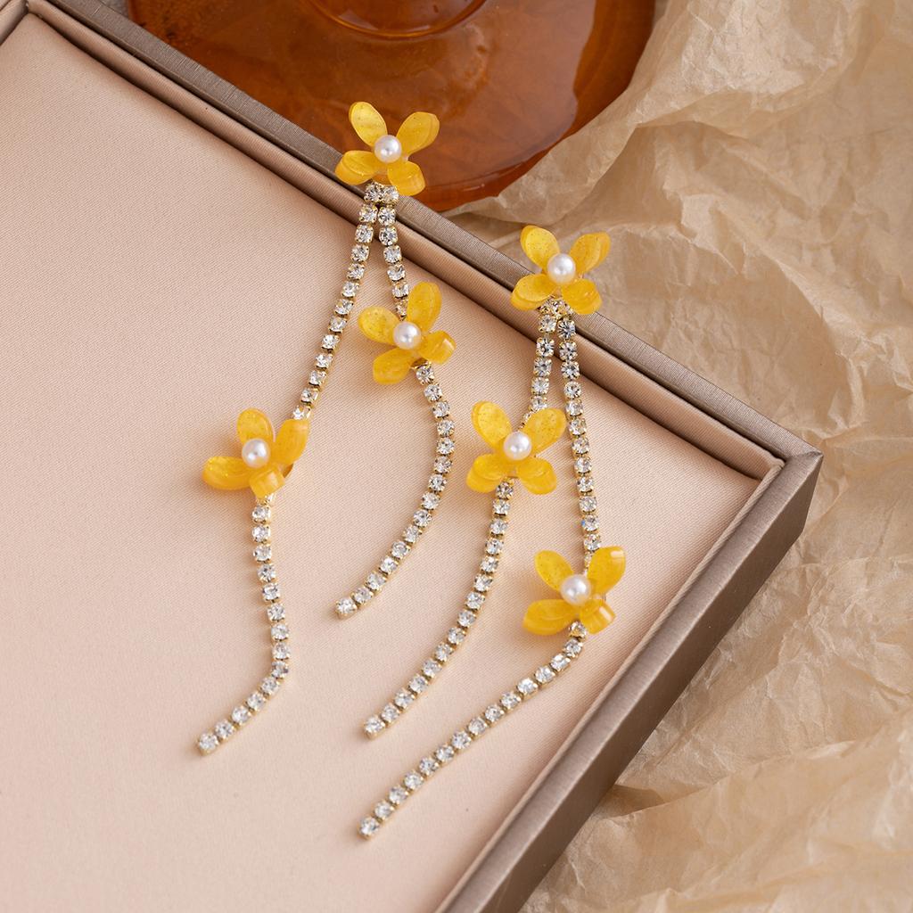 French Flower Diamond-Set Pearl Fringed Earrings Women'S Light Luxury Fashion Unique Niche High-End Temperament Earrings