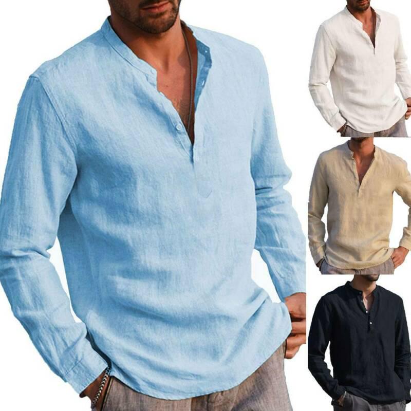 Buy Men Long Sleeve Button V Neck Solid T Shirt Casual Comfy Loose ...