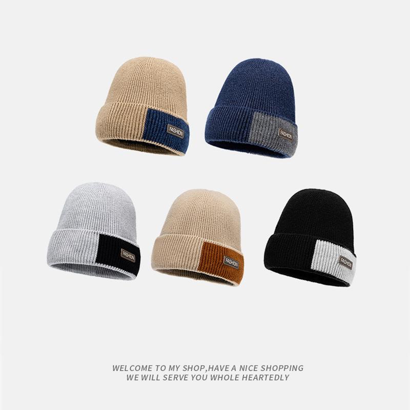 Winter Wool Knitted Hat Men's Fleece Thick Color Block Hat Outdoor Cycling Windproof Cap