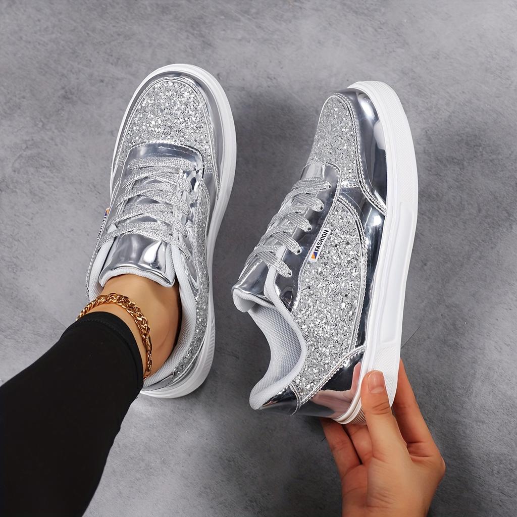 Women's Sequined Low Cut Lace Up Design Paired with PU Upper and EVA Cushioned Sole, Suitable for Daily Commuting and Leisure Travel