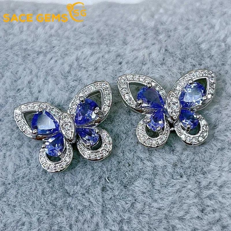 

Серьги SACEGEMS для женщин из стерлингового серебра 925 пробы 4*5 мм с натуральным танзанитом, серьги-гвоздики, свадебные украшения для вечеринок синий